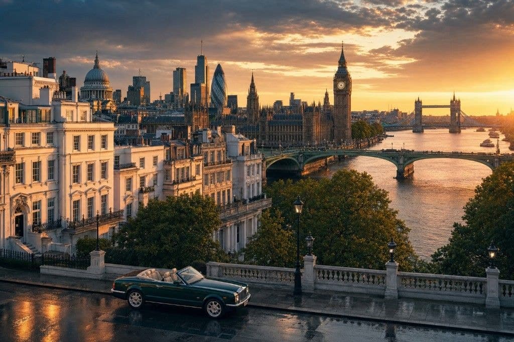 Sunset over the Thames with Big Ben, Tower Bridge and a Rolls-Royce convertible