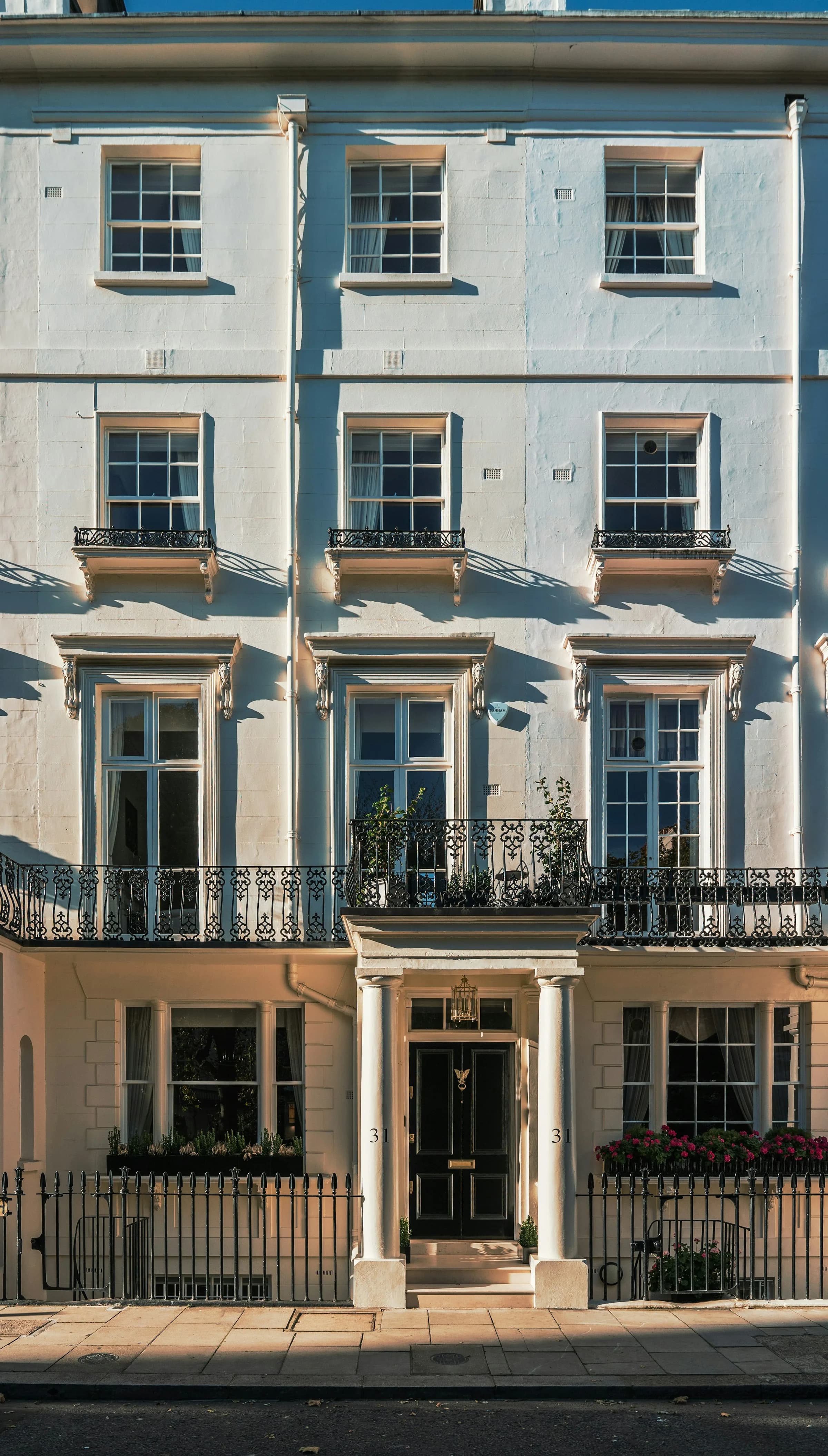 Belgravia — iconic white stucco Georgian terrace façade, Portland stone