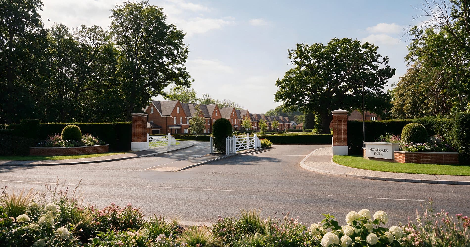 Broadoaks Park — gated entrance and red-brick family houses in West Byfleet, Surrey
