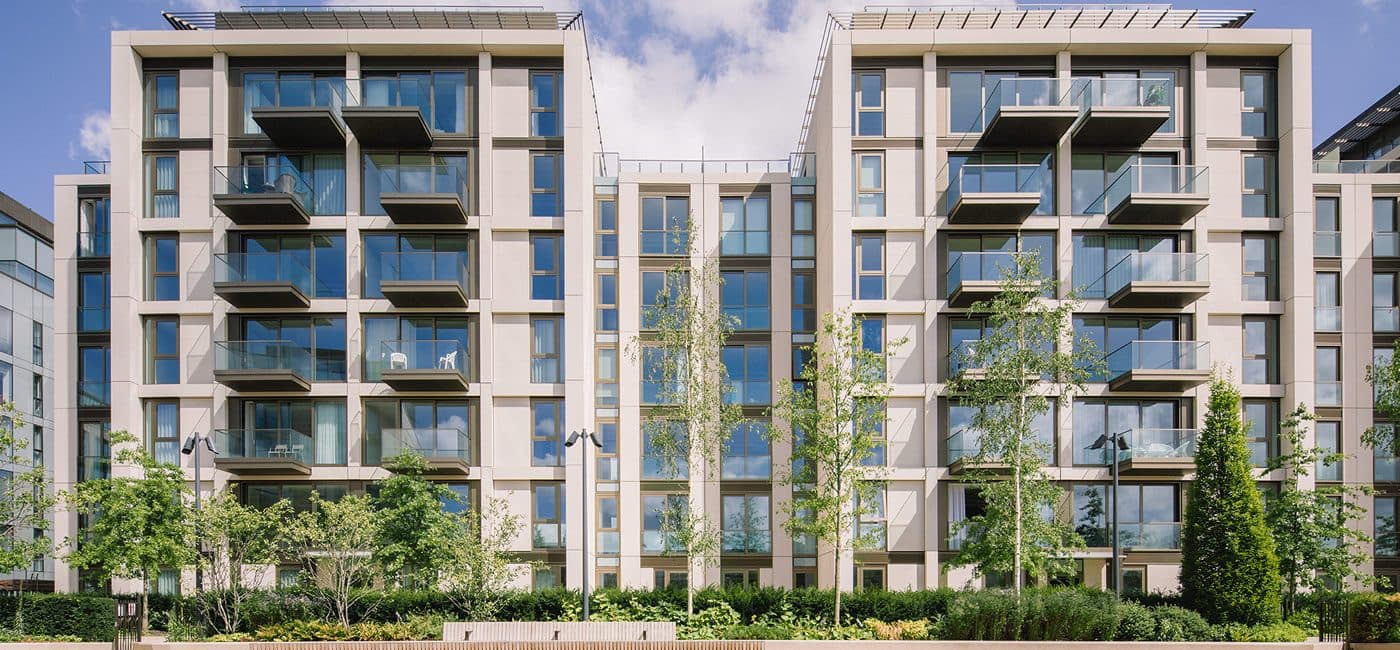 Lillie Square — completed apartment buildings with balconies and landscaped frontage, SW6