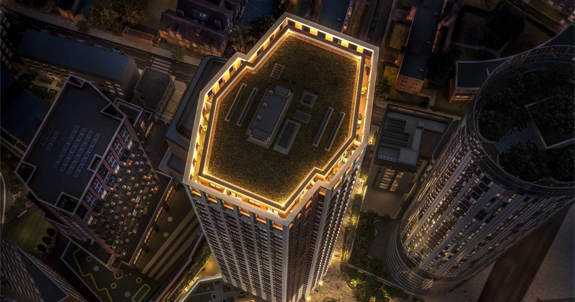 The Hexon — 36-storey residential tower in Nine Elms, aerial view at dusk