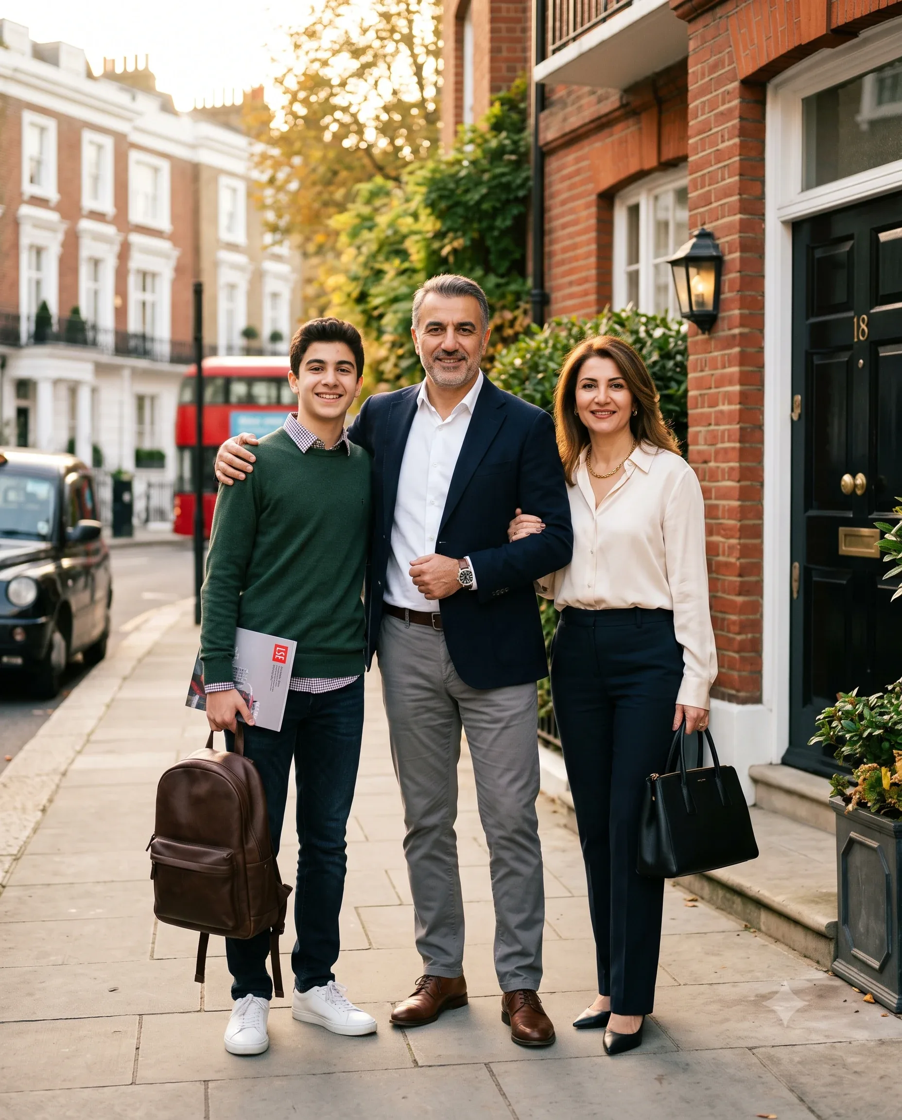 A family with an LSE prospectus and suitcase in front of a Victorian brick townhouse in London