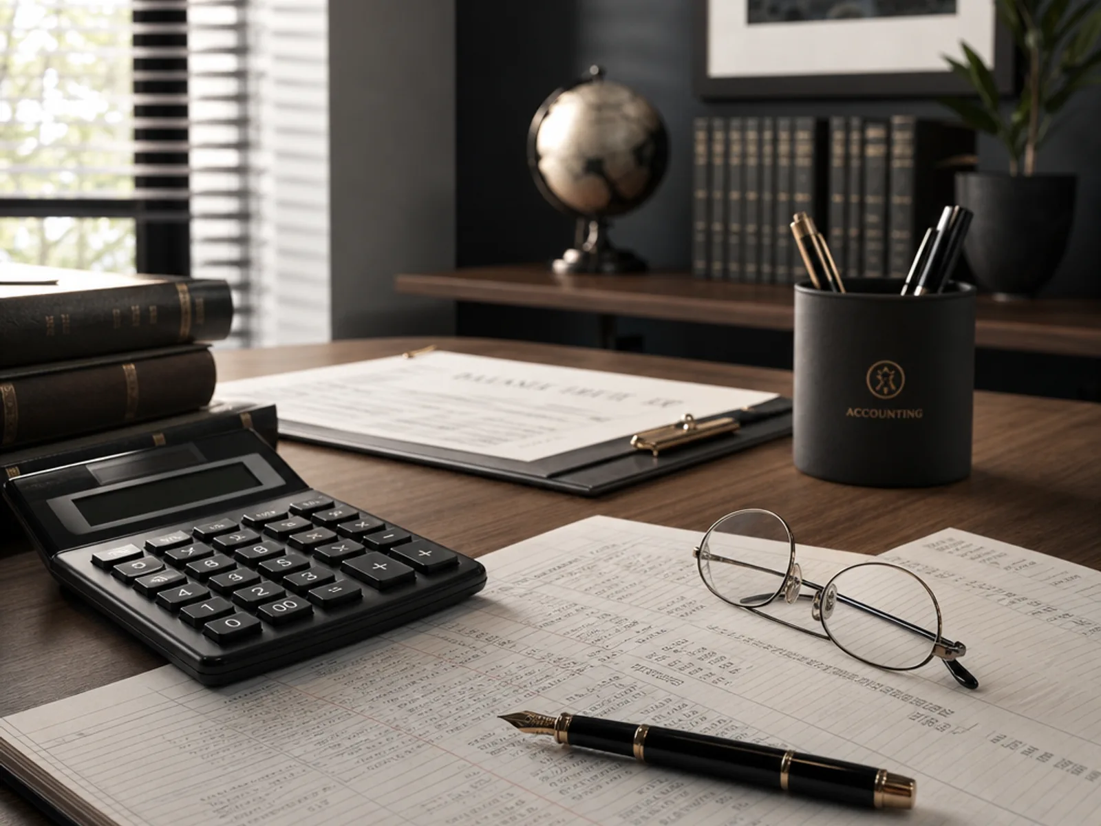 Ledger and calculator — accounting and reporting desk
