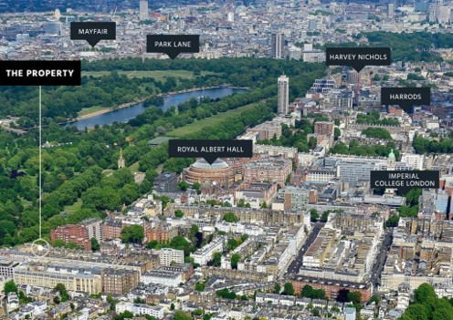 Aerial view of Kensington and Knightsbridge — the property and surrounding landmarks